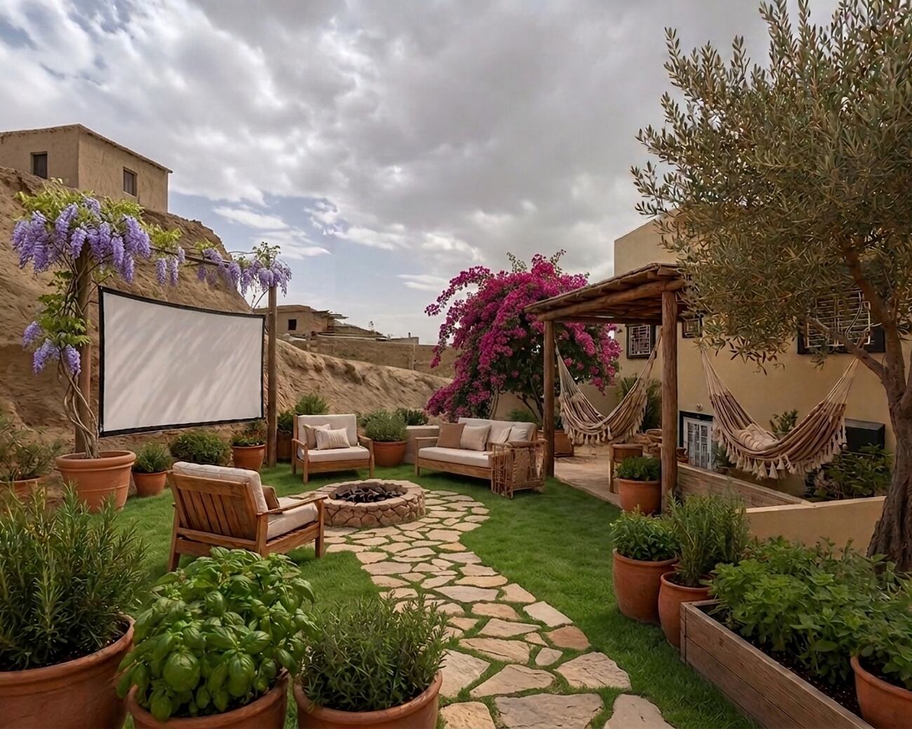 Vue d'artiste du jardin arrière : hamacs, foyer et cinéma en plein air