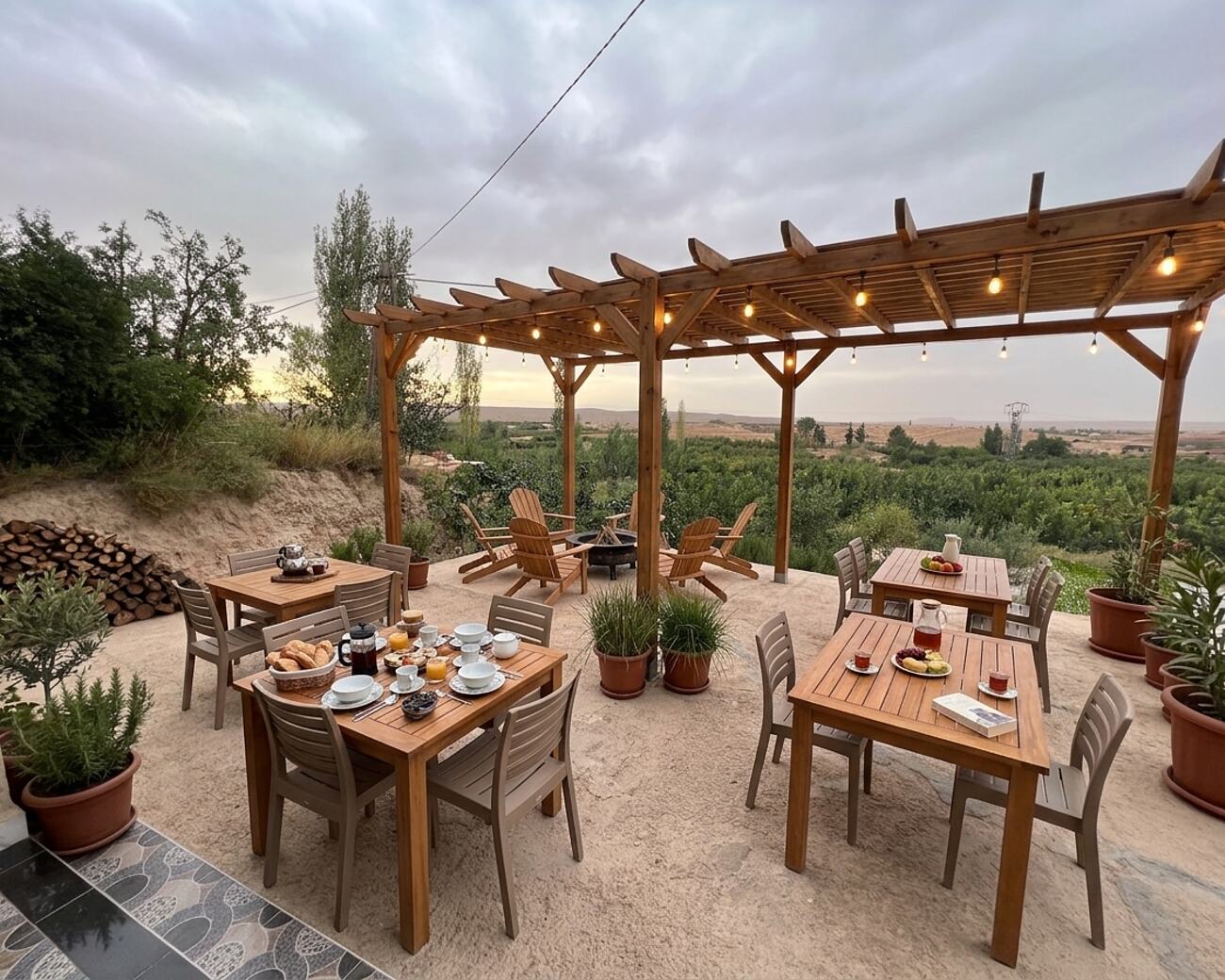 Vue d'artiste de la terrasse du restaurant sous pergola